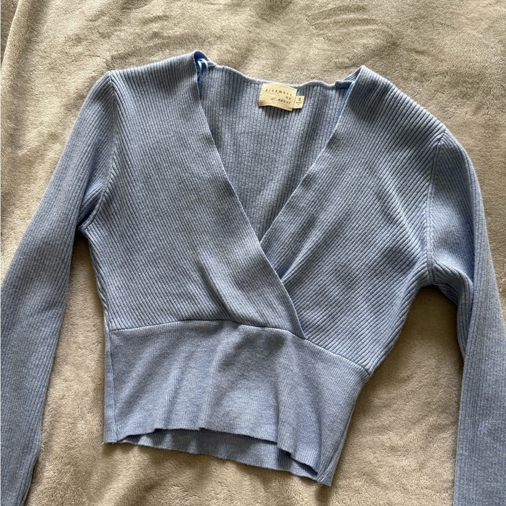 Blue Ribbed Wrap Sweater